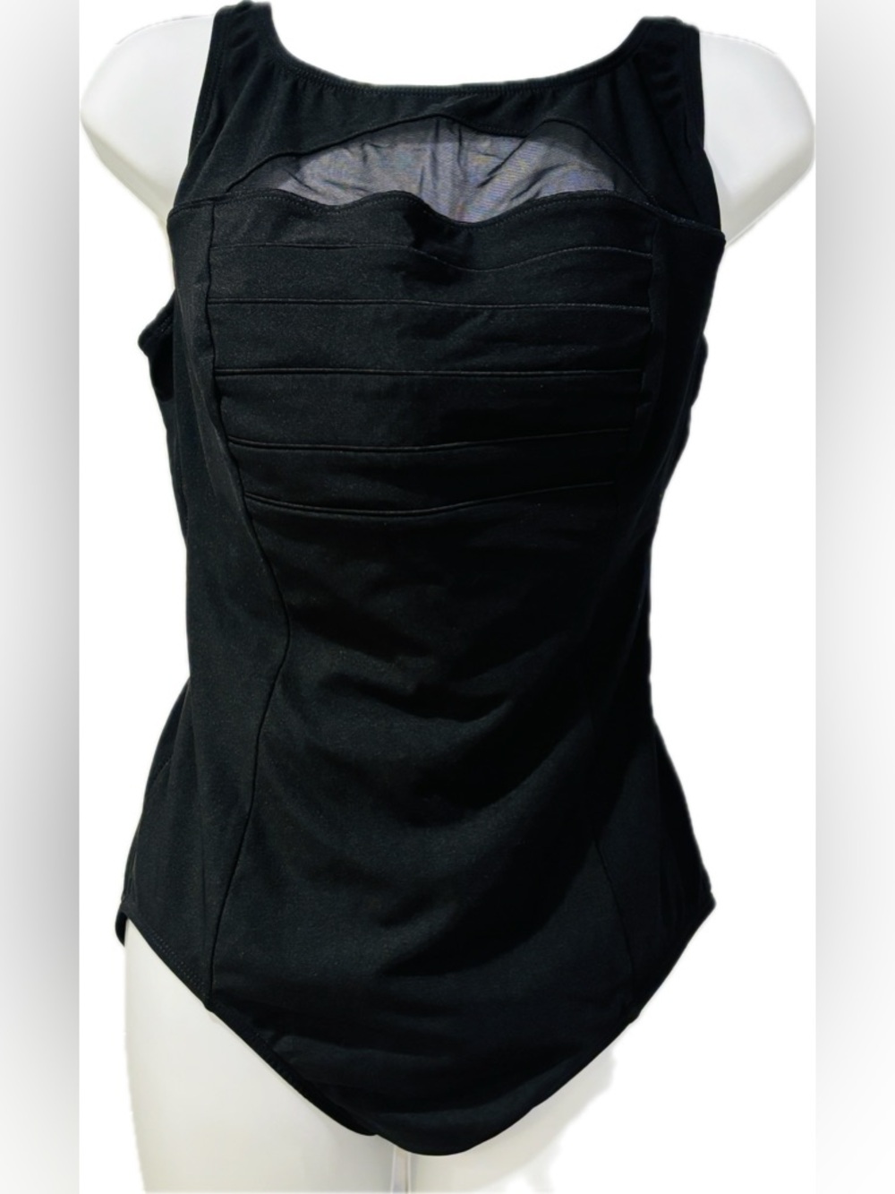 Longitude Black One-Piece Swimsuit with Pleated Front and Sheer Yoke